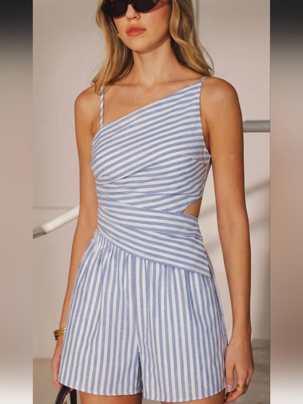 Commense Striped Cotton Blend Cutout Top & Shorts Set